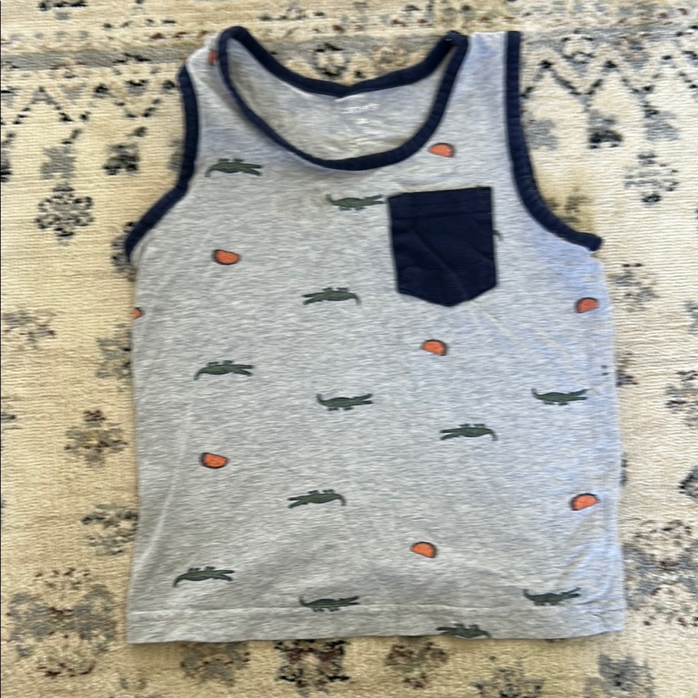 Gray Tank Top with Navy Trim and Pocket